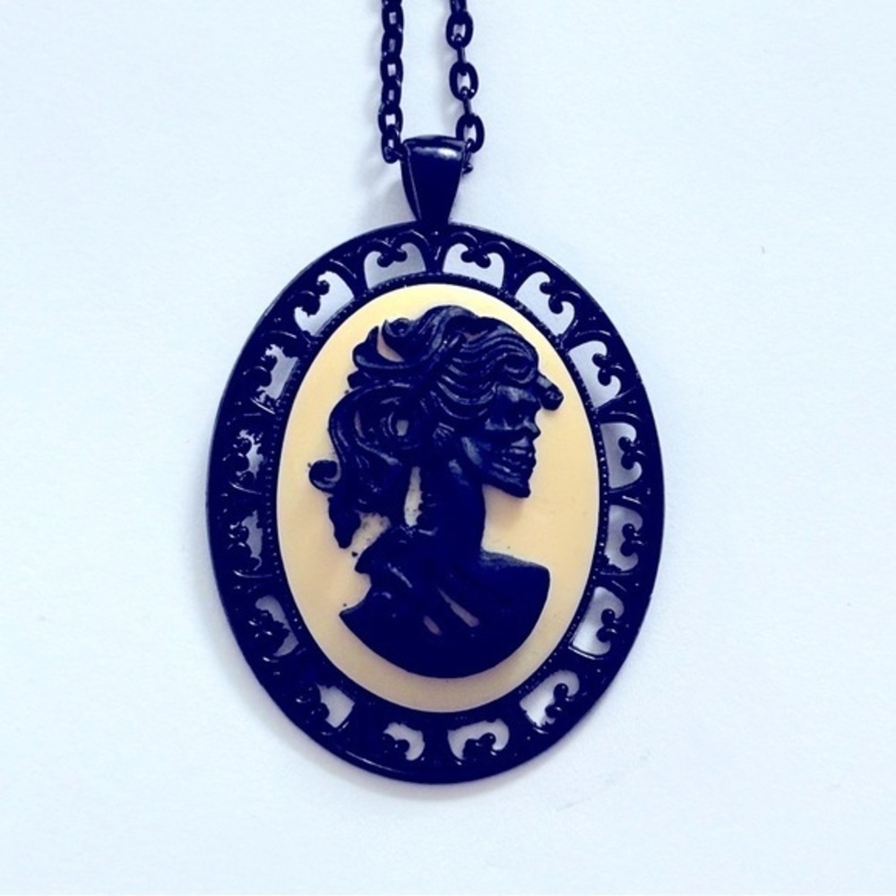 White and Black Skeleton Lady Cameo Necklace, NWT, Handmade